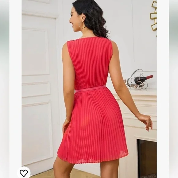 Sleeveless Pleated Dress Business Casual Cute Mini Shift Belted Dress new - Picture 6 of 6